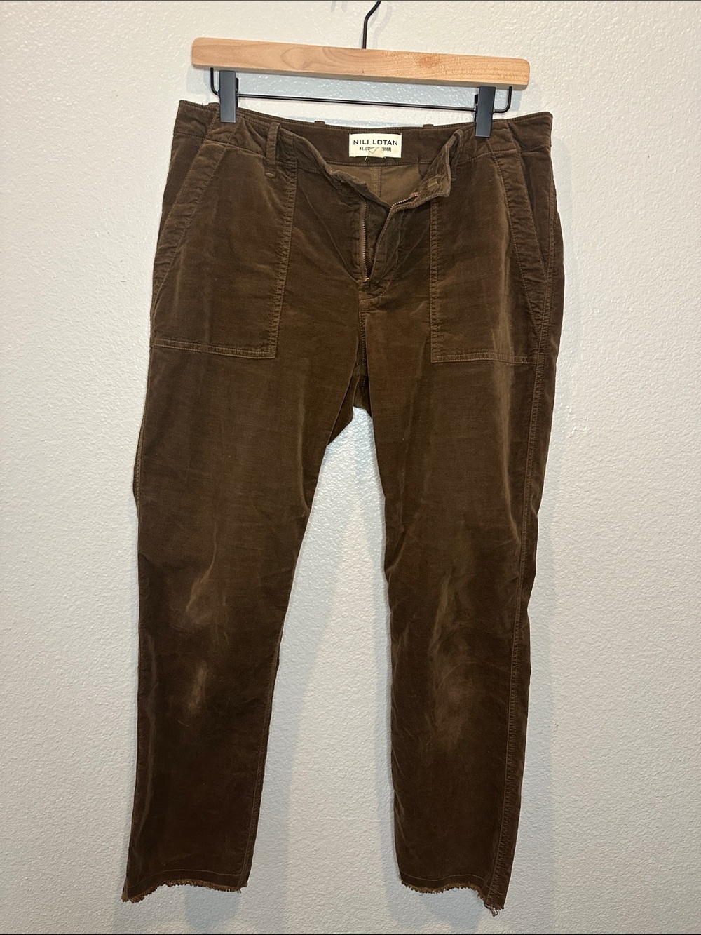 Nili Lotan Jenna Brown Corduroy Utility Pants Size 8 Raw Hem